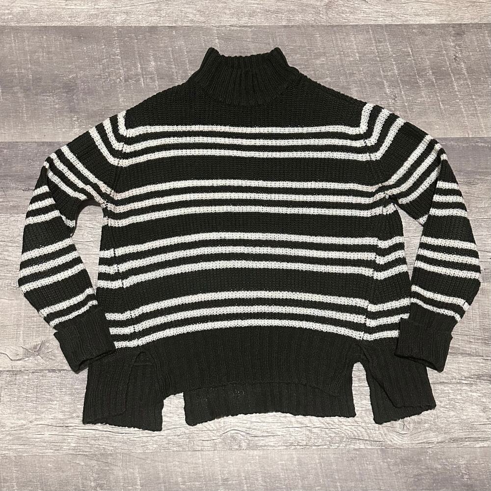 MTLA Mock Neck Striped Knit Sweater Women M Olive Green White Split High Low Hem